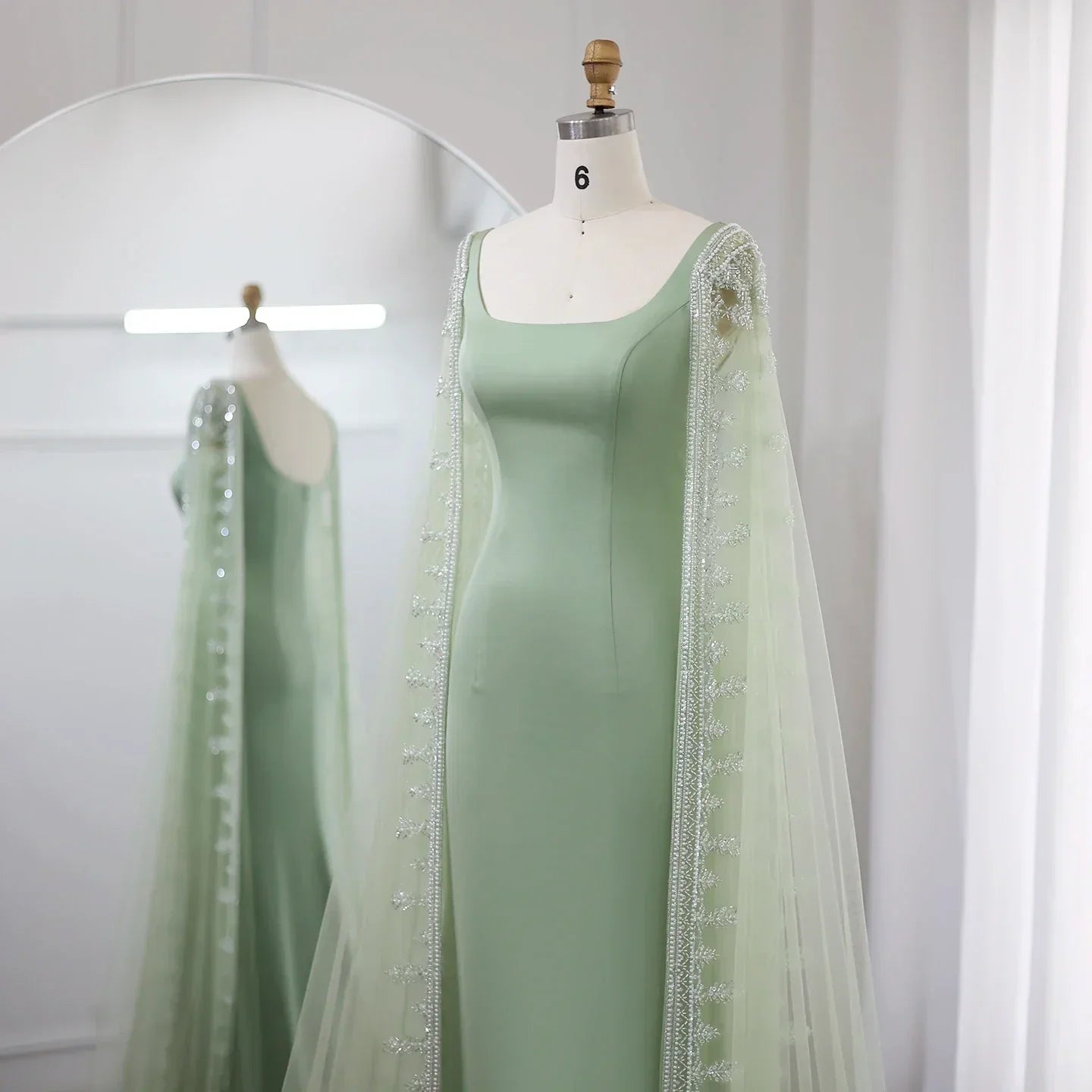 Luxury Crystal Blue Mermaid Evening Dresses with Cape Sleeves SS445