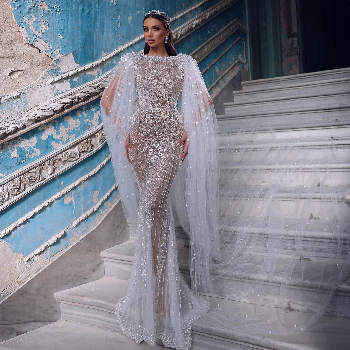 Luxury White Nude Mermaid Evening Dress with Cape Sleeves SS668