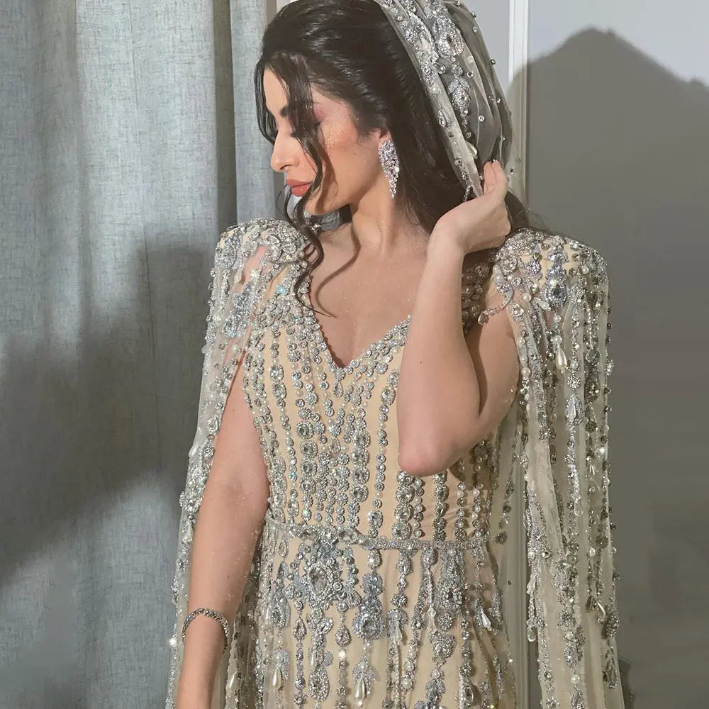 Luxury Crystal Pearls Evening Dress with Cape Sleeves SS750