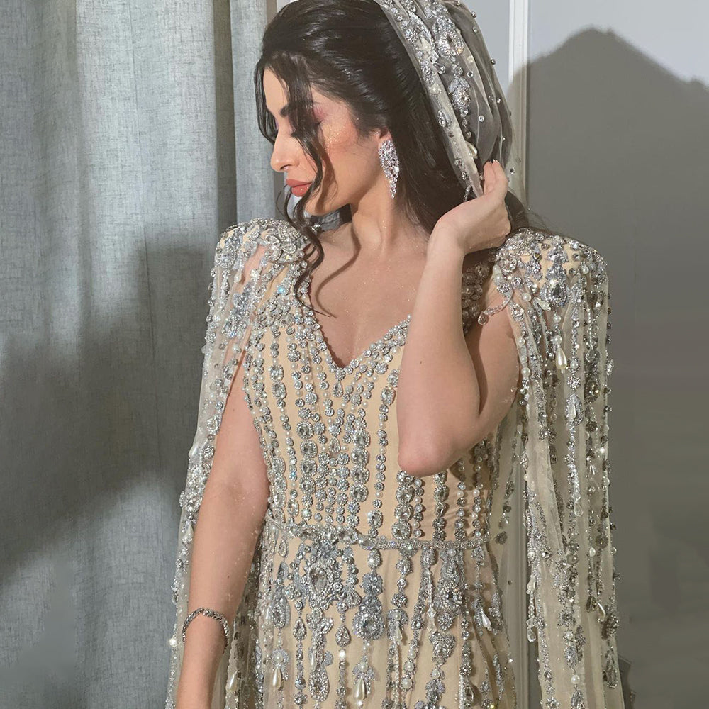 Luxurious Crystal Pearls Evening Dress with Cape Sleeves SS750