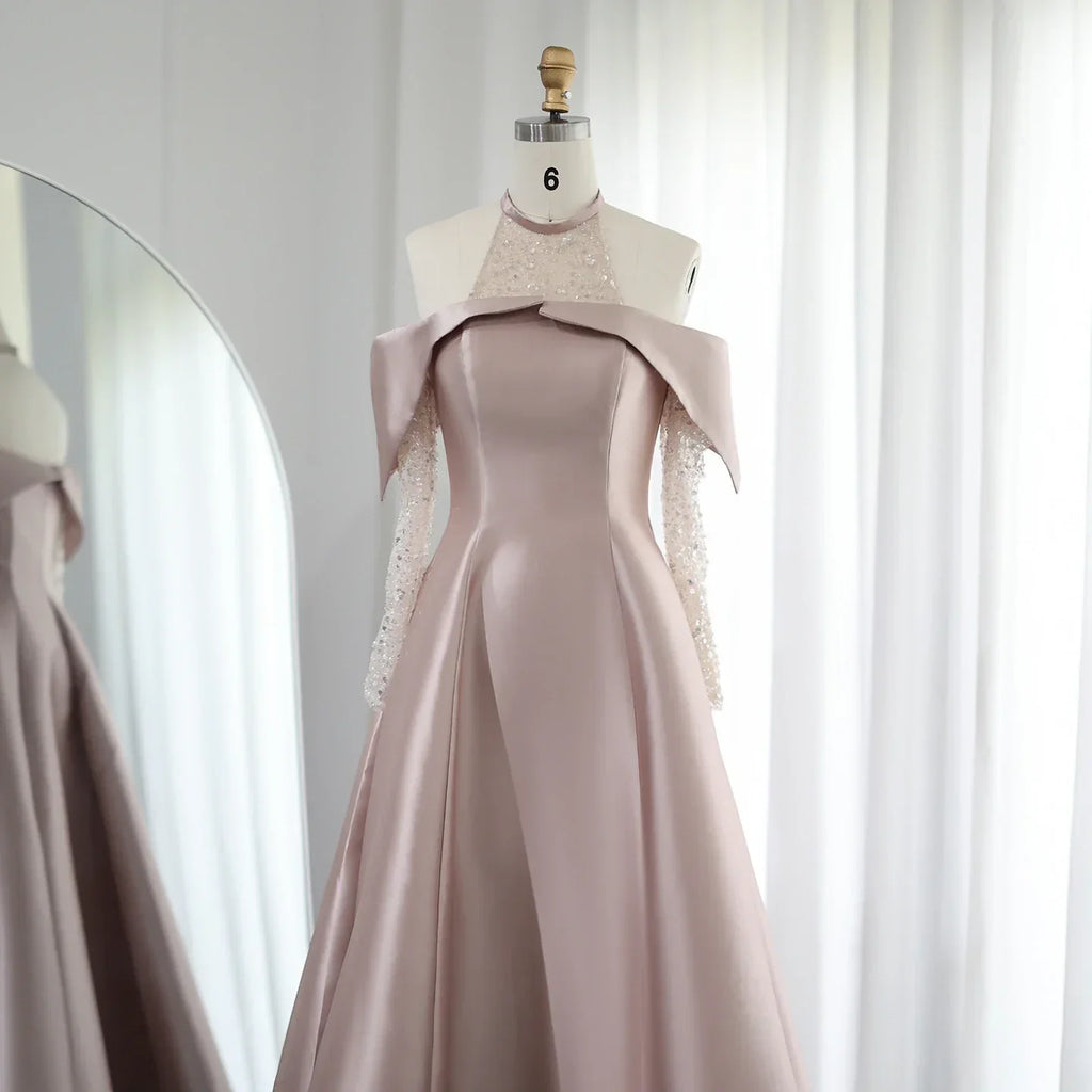 Elegant Halter Rose Gold A-Line Satin High Low Evening Dress SF058L