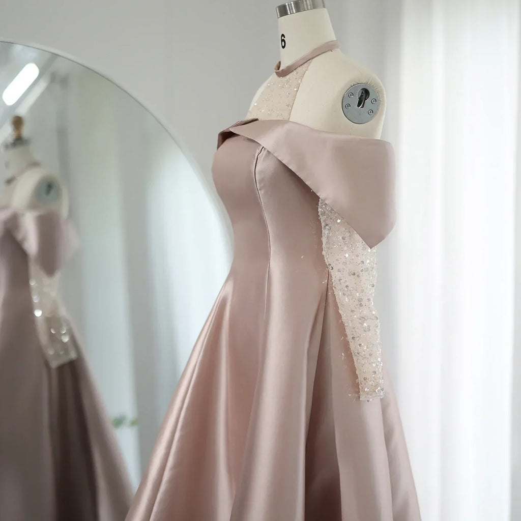 Elegant Halter Rose Gold A-Line Satin High Low Evening Dress SF058L