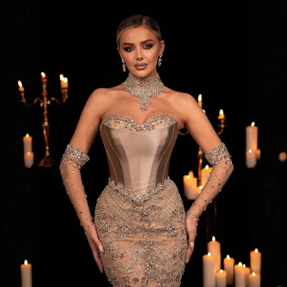 Luxury Beaded Mermaid Evening Dress with Scarf and Gloves SS069