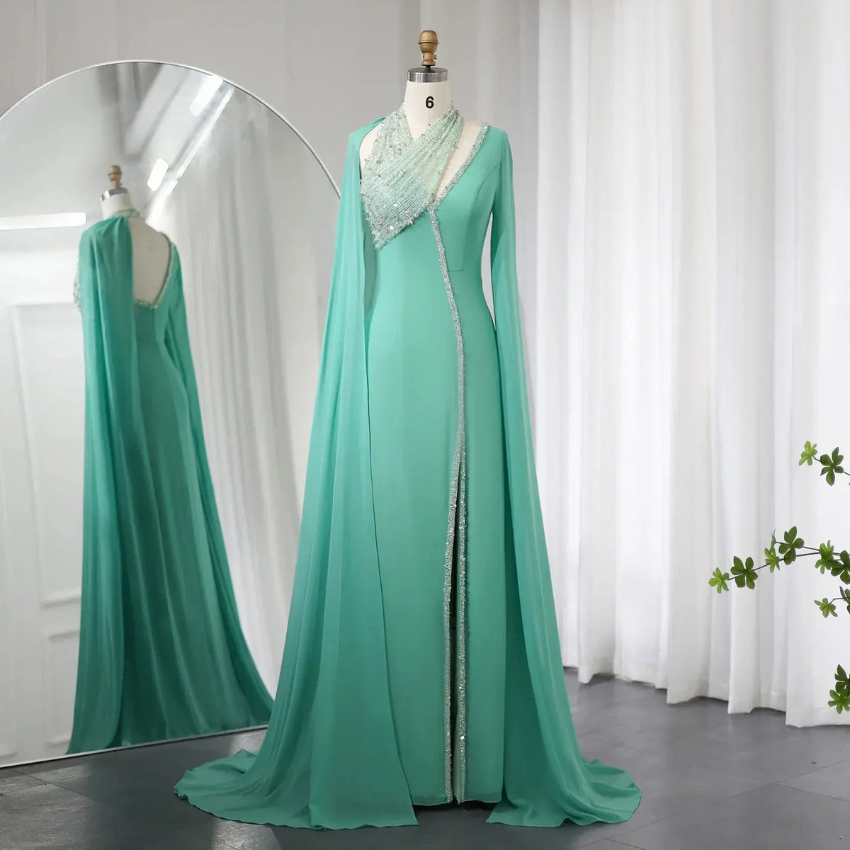Luxury Green Halter Evening Dress with Cape Sleeves SS474