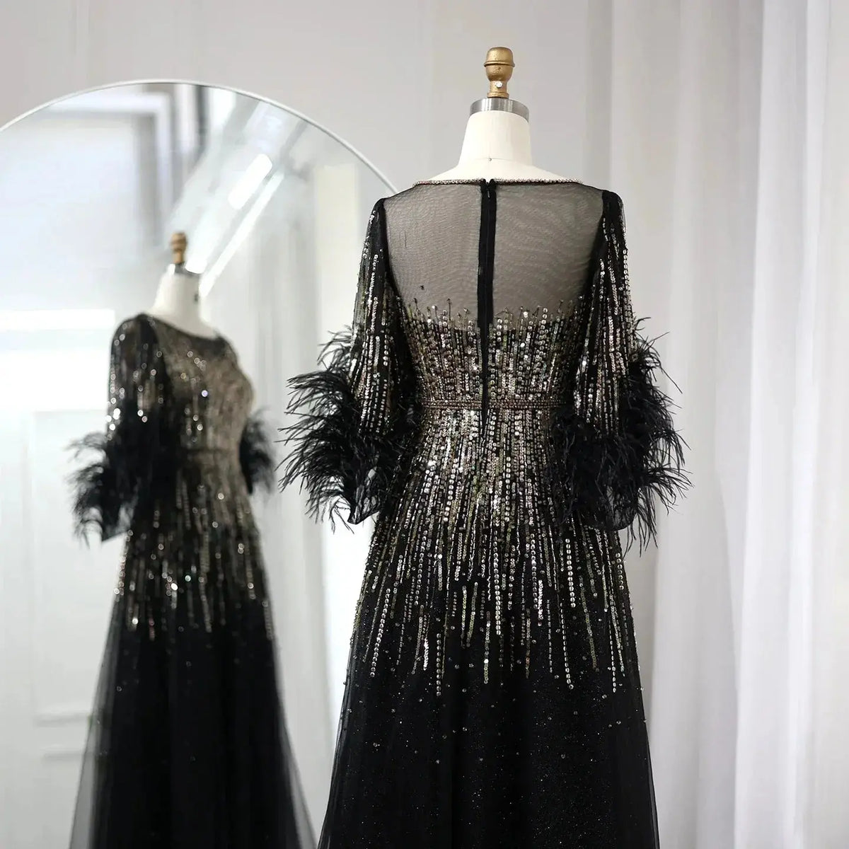 Luxury Feathers Black Half Sleeve Evening Dress SS339