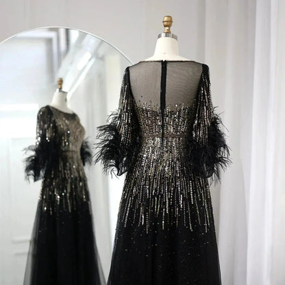 Luxury Feathers Black Half Sleeve Evening Dress SS339