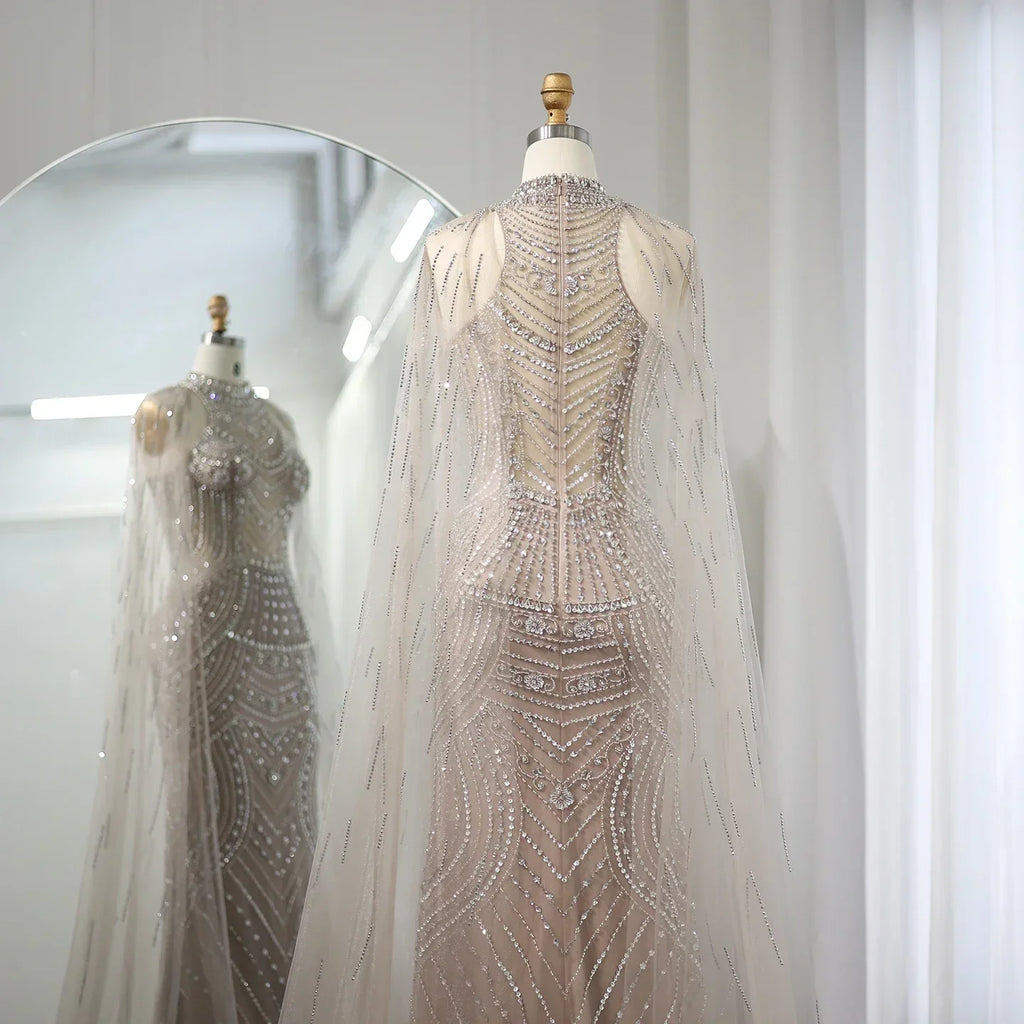 Luxury Champagne Evening Dresses with Cape Sleeves SS077