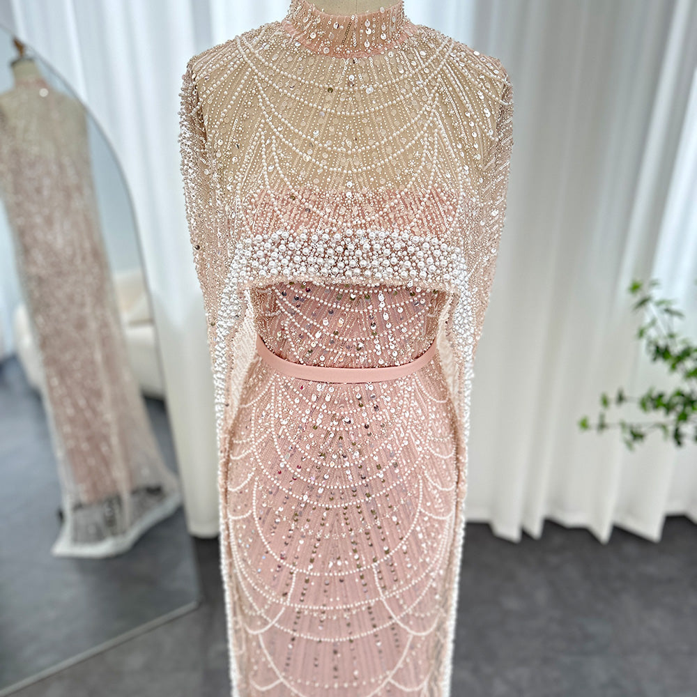 Luxury Pearls Champagne Mermaid Evening Dress with Cape SS369