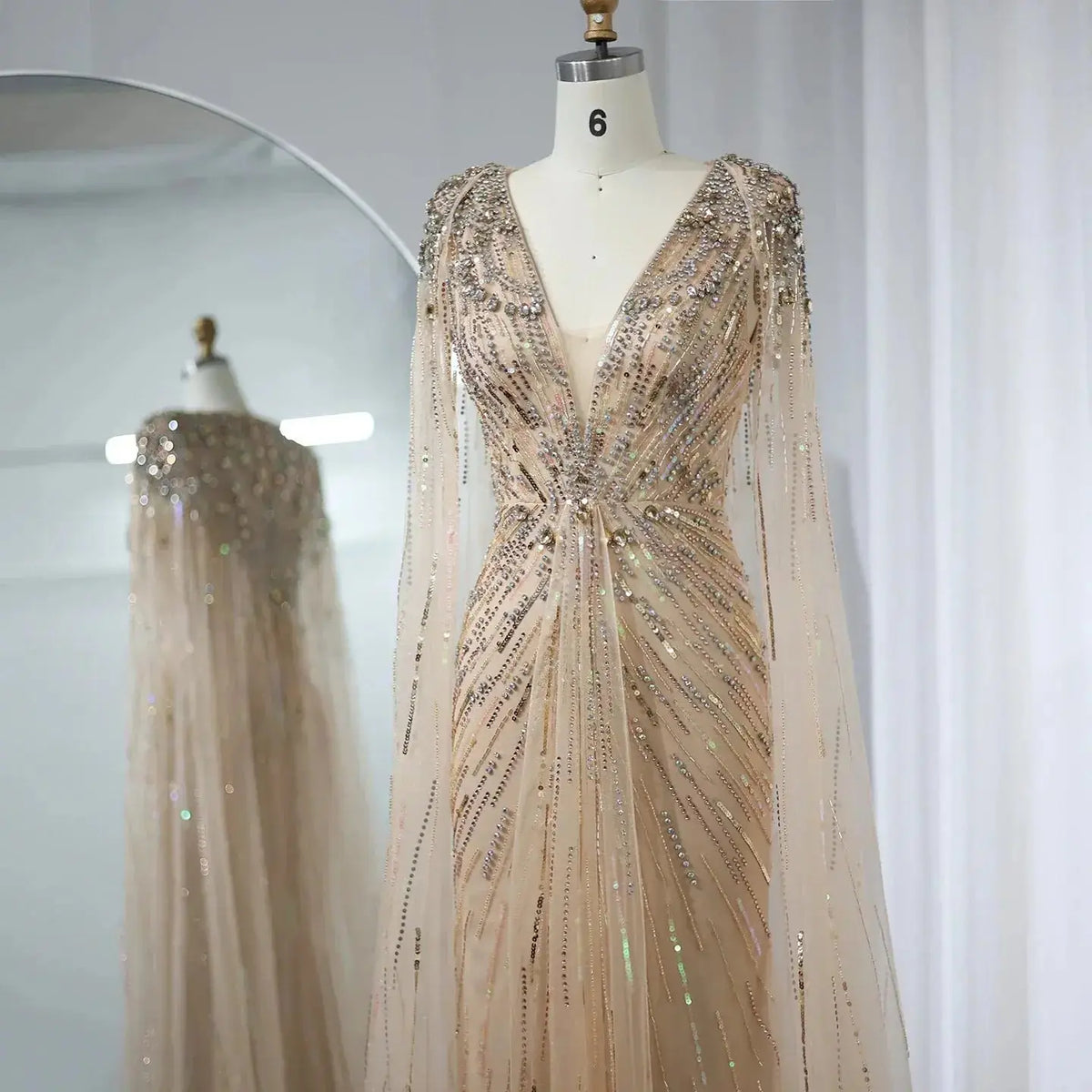 Luxury Dubai Green Evening Dresses with Cape Fuchsia Crystal Gold SS399