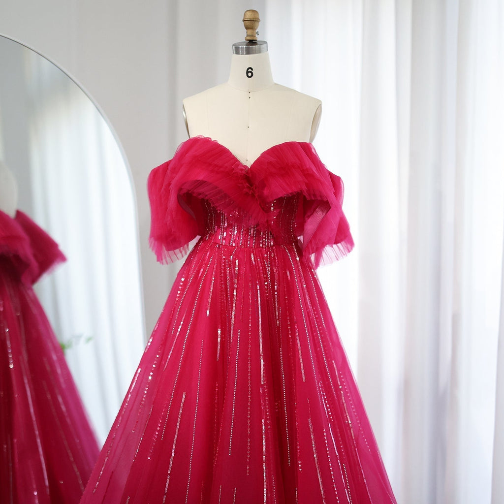Luxury Fuchsia Off Shoulder A-Line Evening Dress SS390