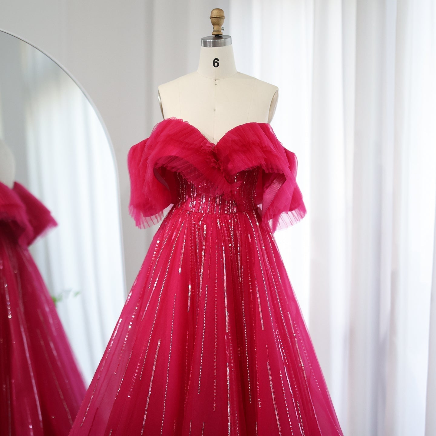 Luxury Fuchsia Off Shoulder A-Line Evening Dress SS390