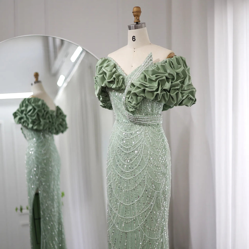 Elegant Sage Green Off Shoulder Mermaid Evening Dress SS288