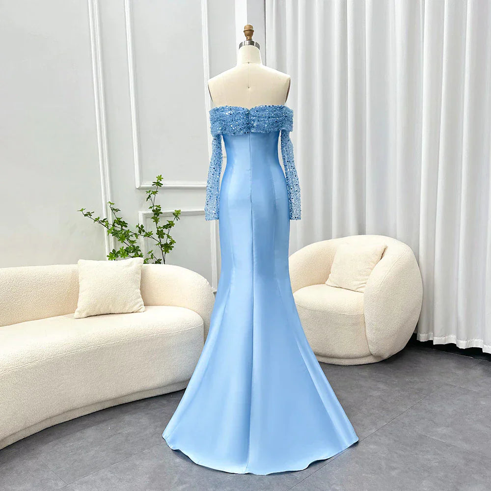 Elegant Off Shoulder Blue Long Sleeves Mermaid Evening Dress SF079