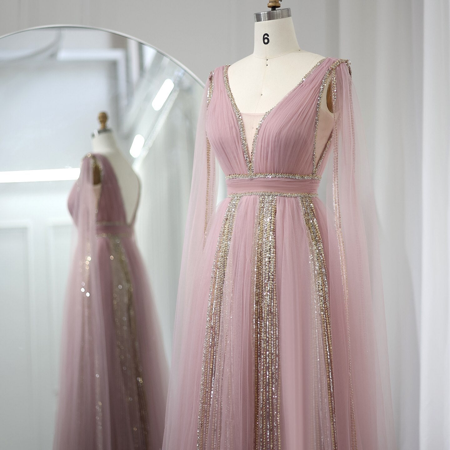 Luxury Sequined Pink Evening Dress with Cape Sleeves SS010