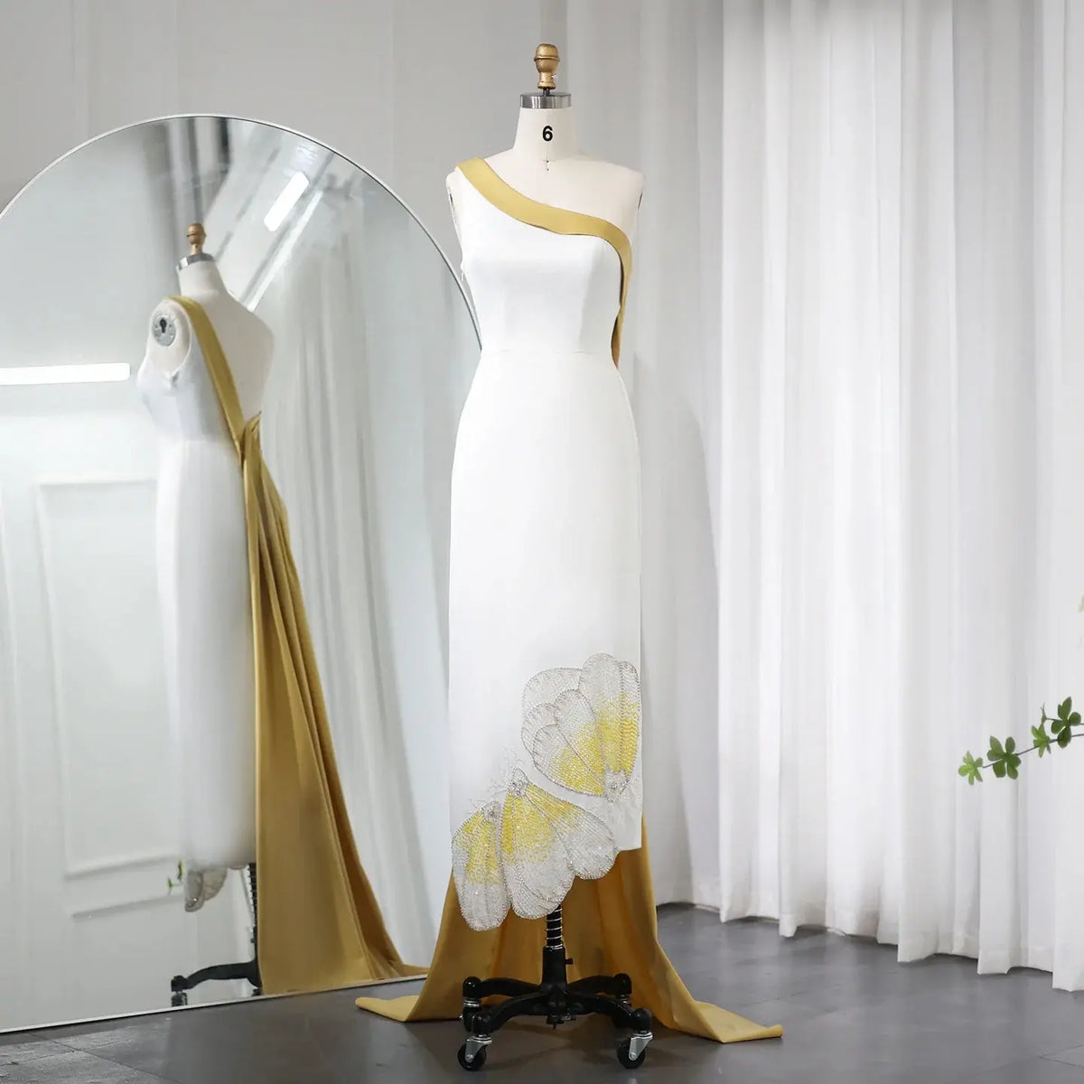 Luxury Butterfly Beaded One Shoulder White Evening Dress SS475