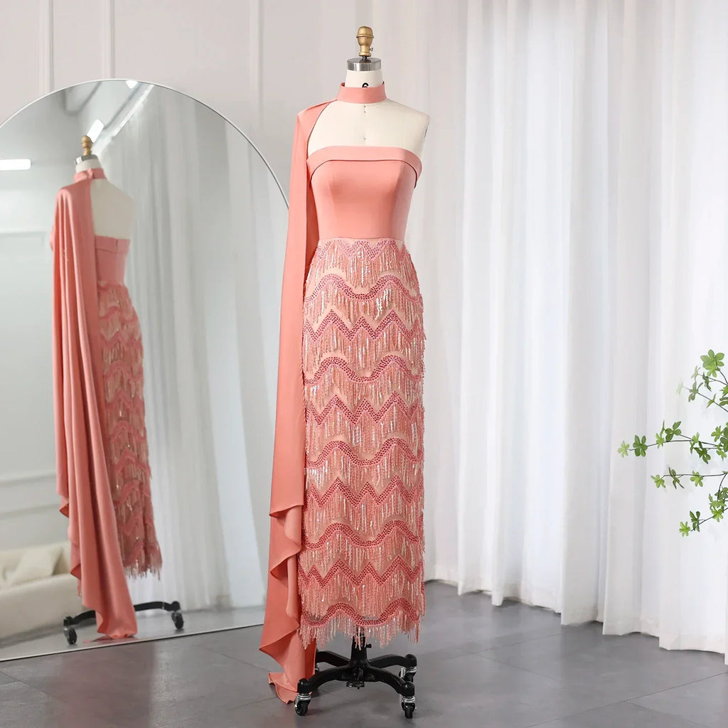Elegant Coral Pink Tassel Strapless Evening Dress with Cape Sleeves SS143