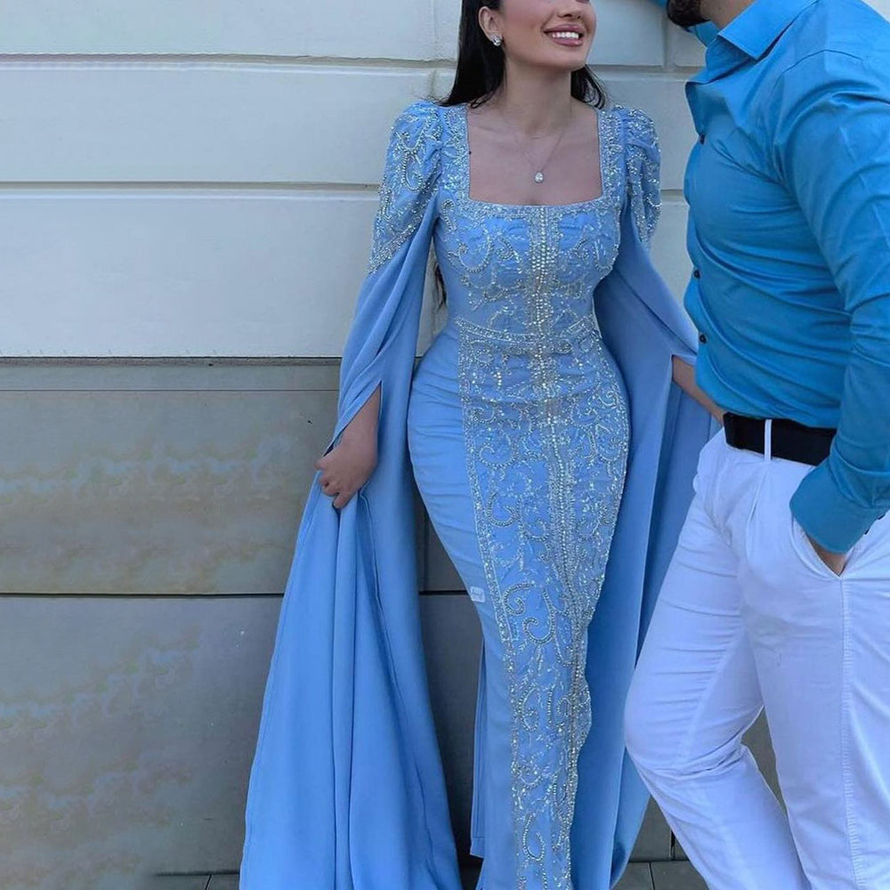 Luxury Blue Mermaid Evening Dress with Cape Sleeves SS365