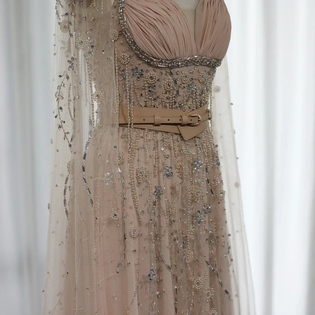 Luxury Beaded Tassel Champagne Evening Dresses with Slit SS376