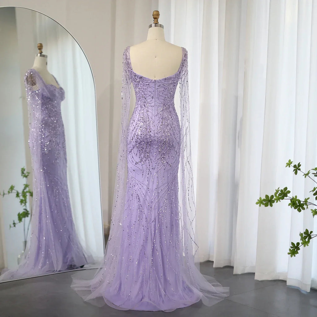Luxury Lilac Mermaid Evening Dresses with Cape Sleeves SS237