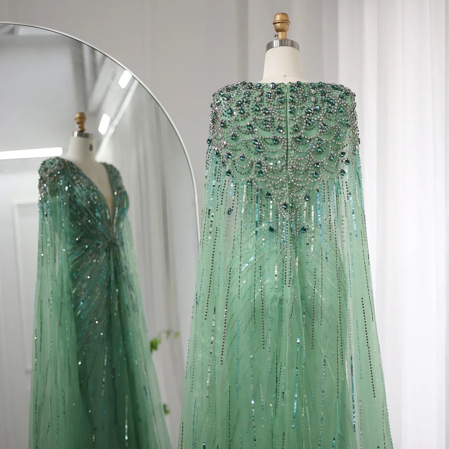 Luxury Crystal Sage Green V-Neck Evening Dresses with Cape SS399