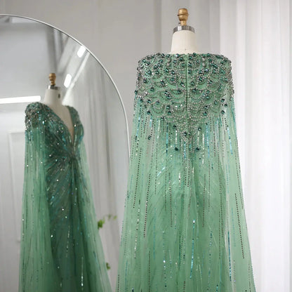 Luxury Dubai Green Evening Dresses with Cape Fuchsia Crystal Gold SS399