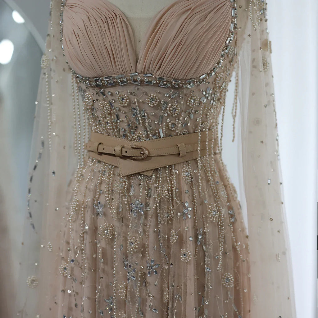Luxury Beaded Tassel Champagne Evening Dresses with Slit SS376