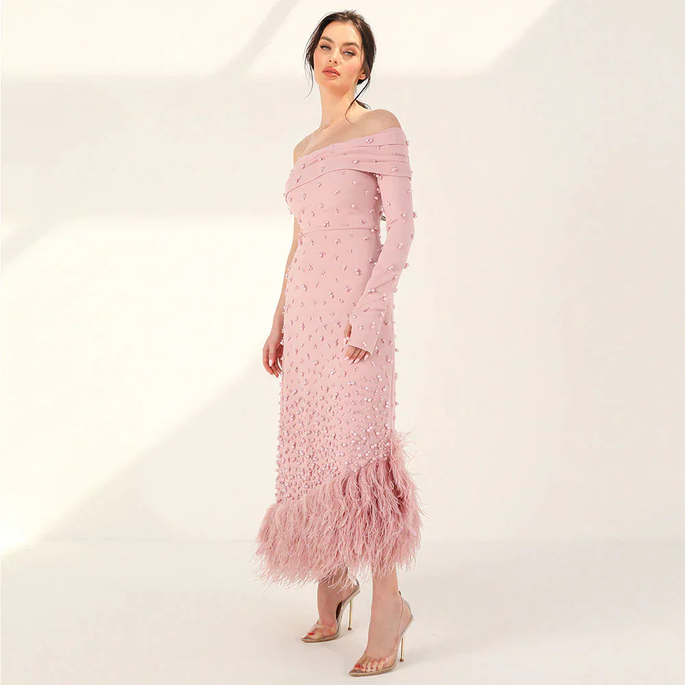 Luxury Feathers Pink One Shoulder Mermaid Evening Dress SS388