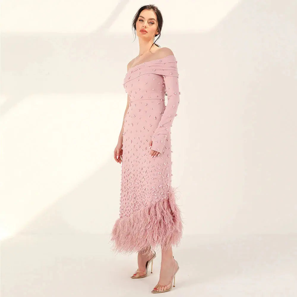 Luxury Feathers Pink Off Shoulder Evening Dress SS388