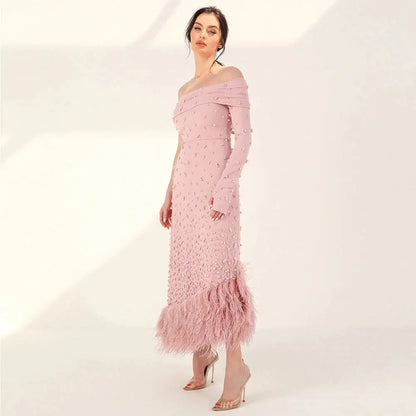 Luxury Feathers Pink Off Shoulder Evening Dress SS388