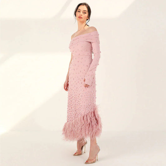 Luxury Feathers Pink One Shoulder Mermaid Evening Dress SS388