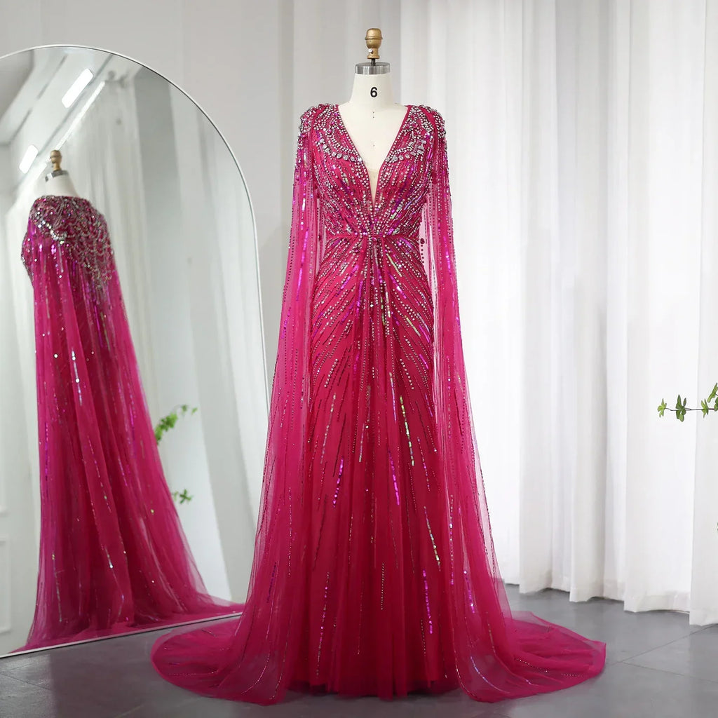 Luxury Crystal Sage Green V-Neck Evening Dresses with Cape SS399