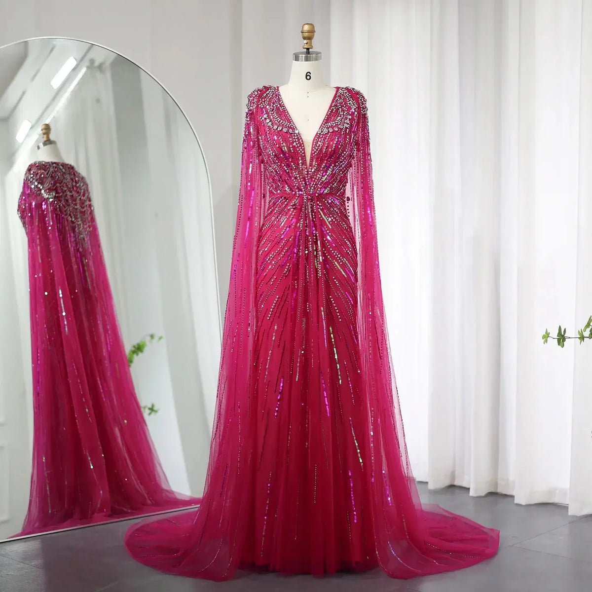 Luxury Dubai Green Evening Dresses with Cape Fuchsia Crystal Gold SS399
