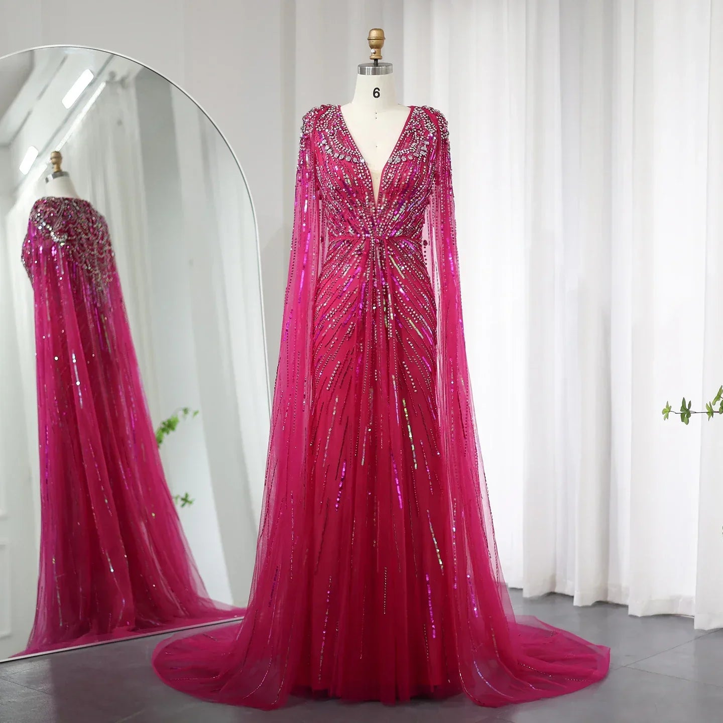 Luxury Crystal Sage Green V-Neck Evening Dresses with Cape SS399
