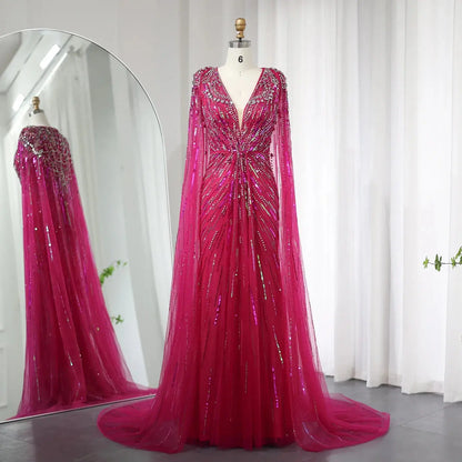 Luxury Dubai Green Evening Dresses with Cape Fuchsia Crystal Gold SS399