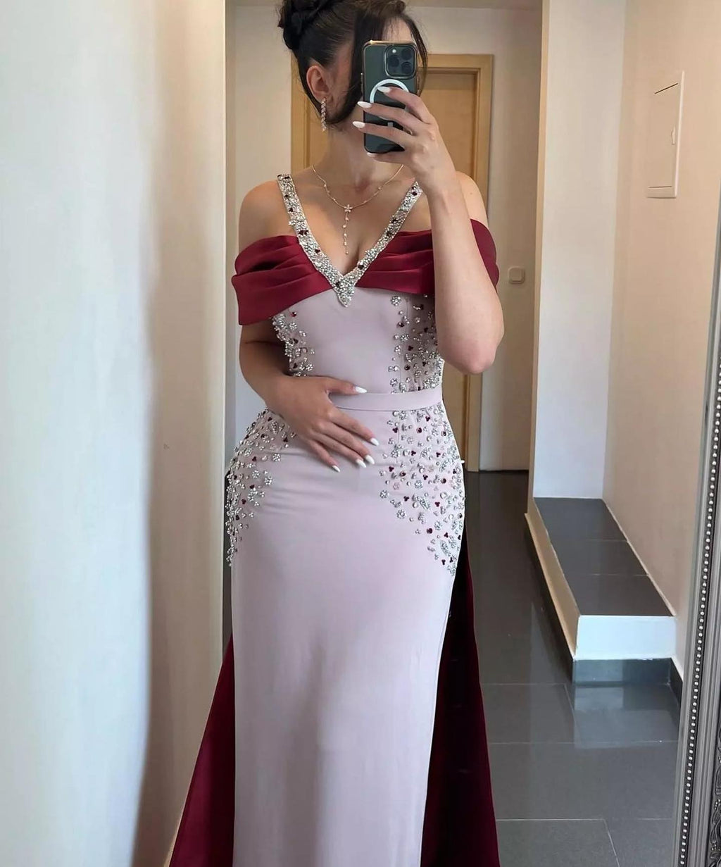 Luxury Pink Burgundy Mermaid Evening Dress with Cape SS446
