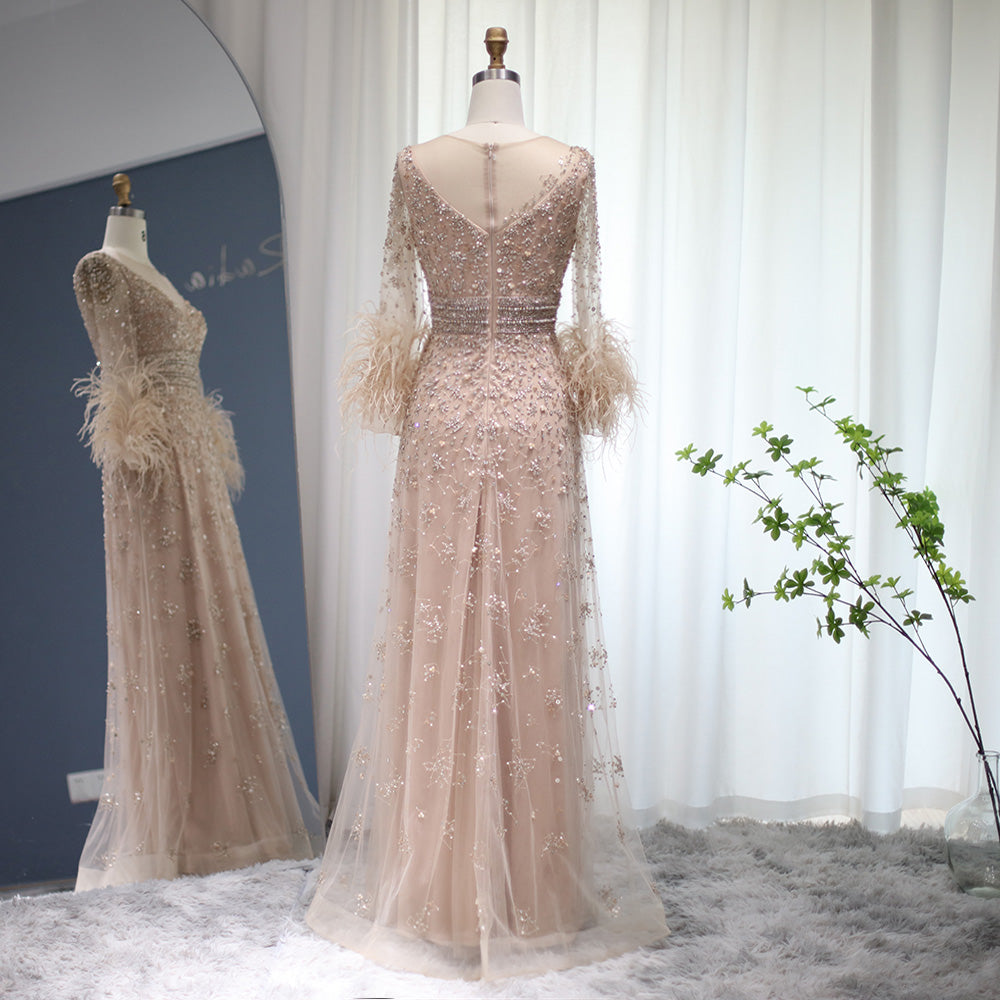 Elegant Beaded Champagne Feathers Long Sleeves Evening Dress SS101