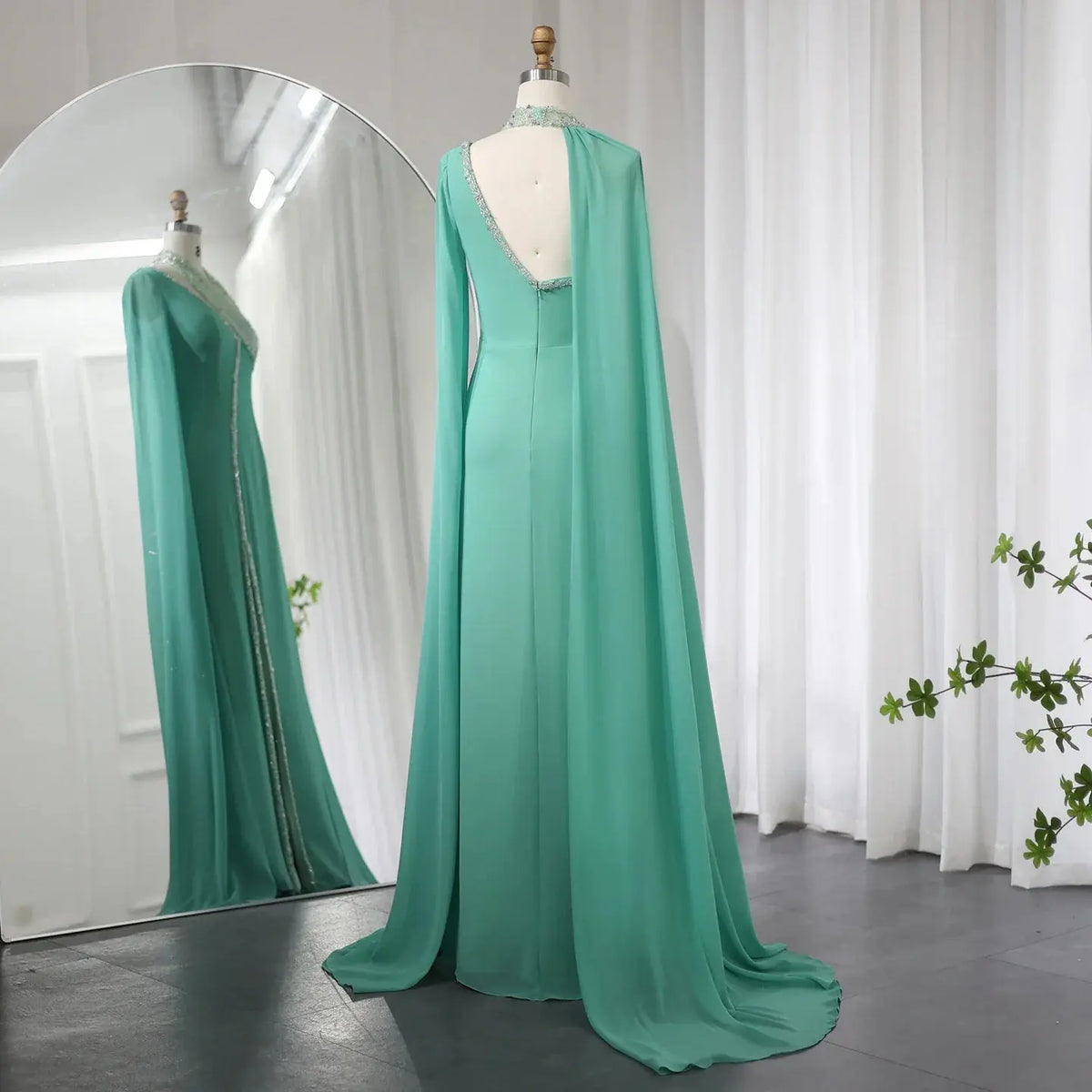 Luxury Green Halter Evening Dress with Cape Sleeves SS474