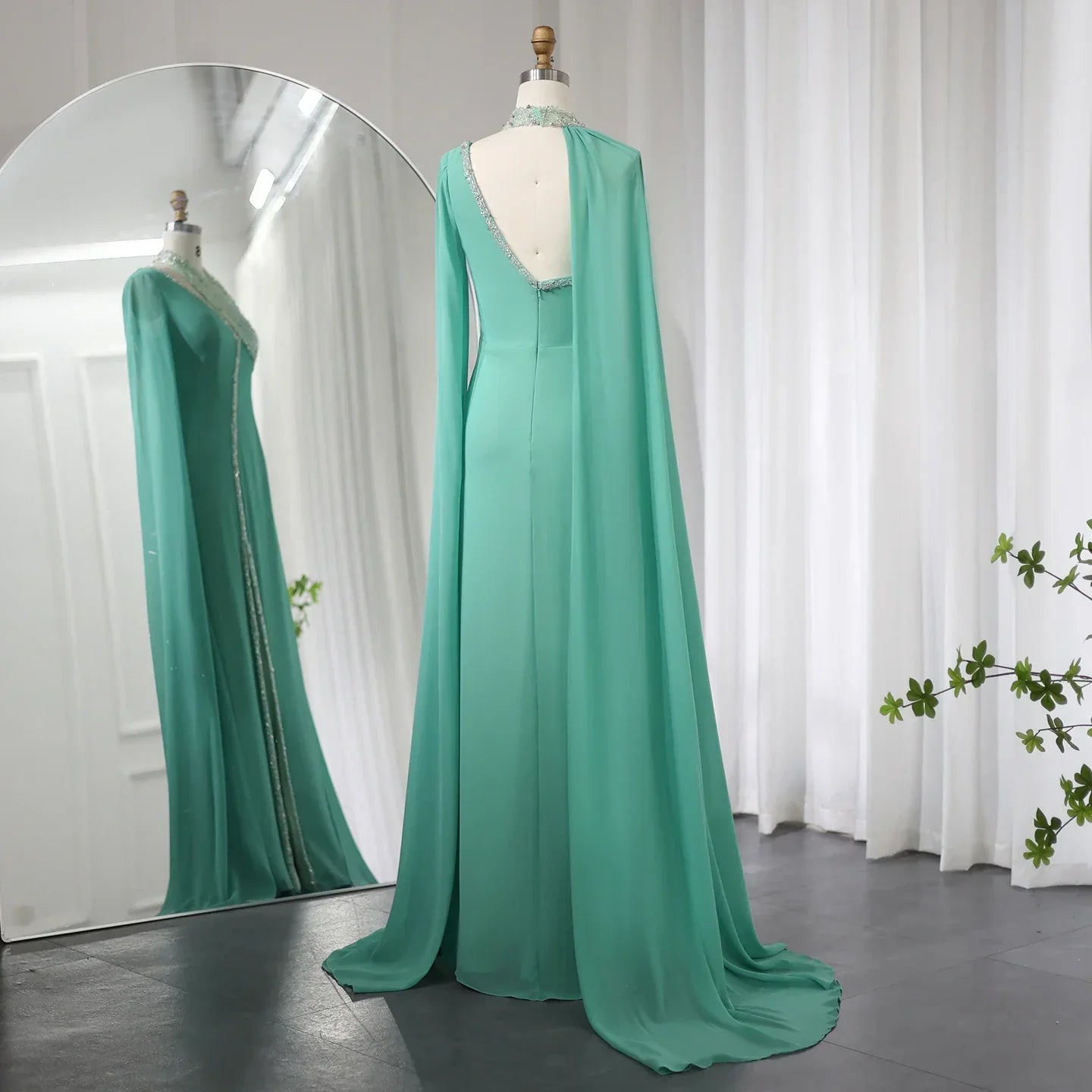 Luxury Beaded Turquoise Chiffon Evening Dress with Cape Sleeves SS474