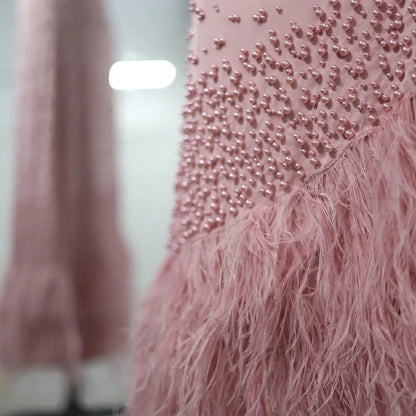 Luxury Feathers Pink Off Shoulder Evening Dress SS388