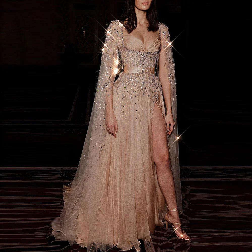 Luxury Beaded Tassel Champagne Evening Dresses with Slit SS376