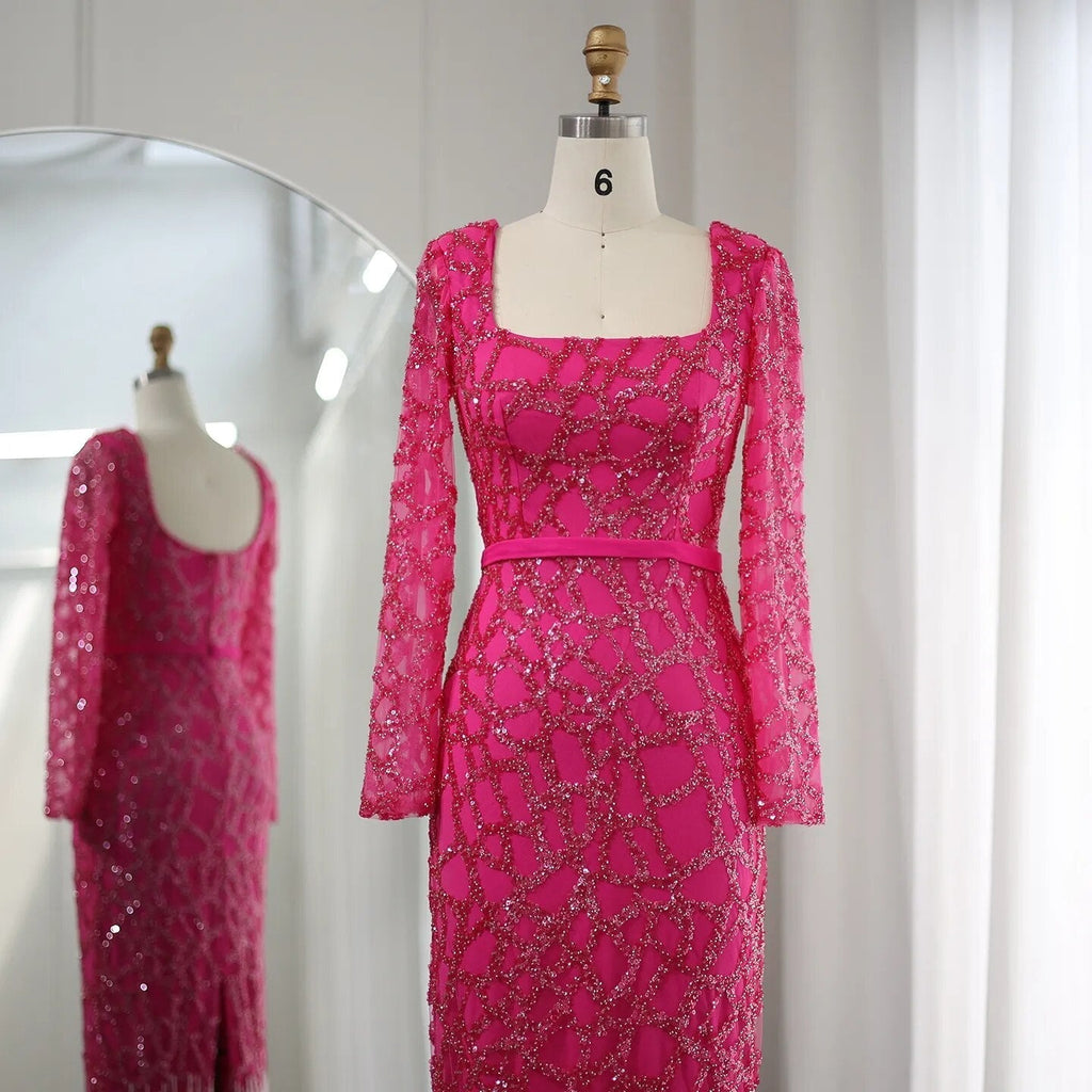 Luxury Tassel Hot Pink Square Neck Long Sleeves Evening Dress SS347