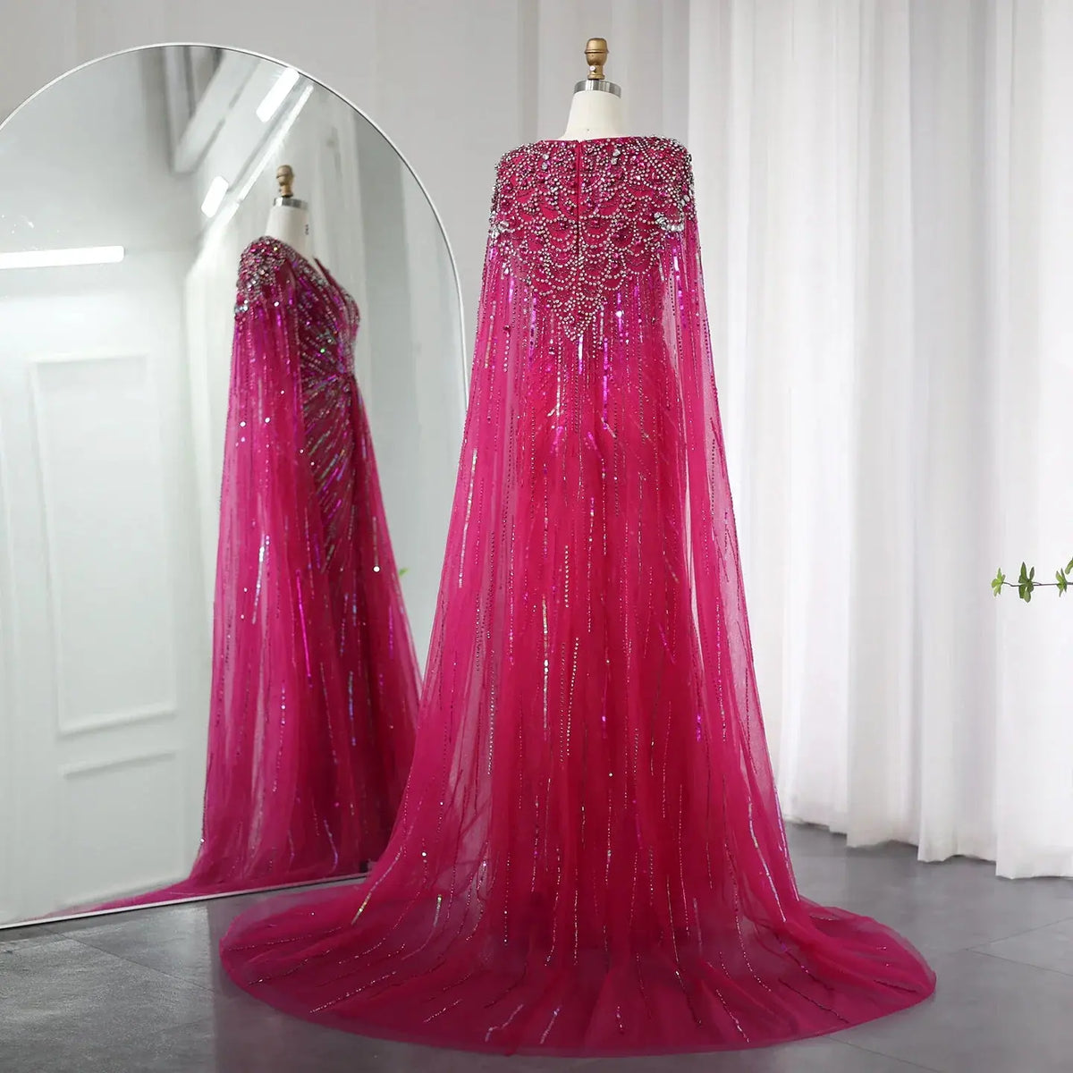 Luxury Dubai Green Evening Dresses with Cape Fuchsia Crystal Gold SS399