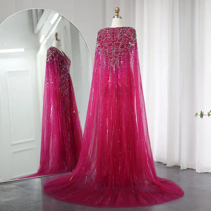 Luxury Dubai Green Evening Dresses with Cape Fuchsia Crystal Gold SS399