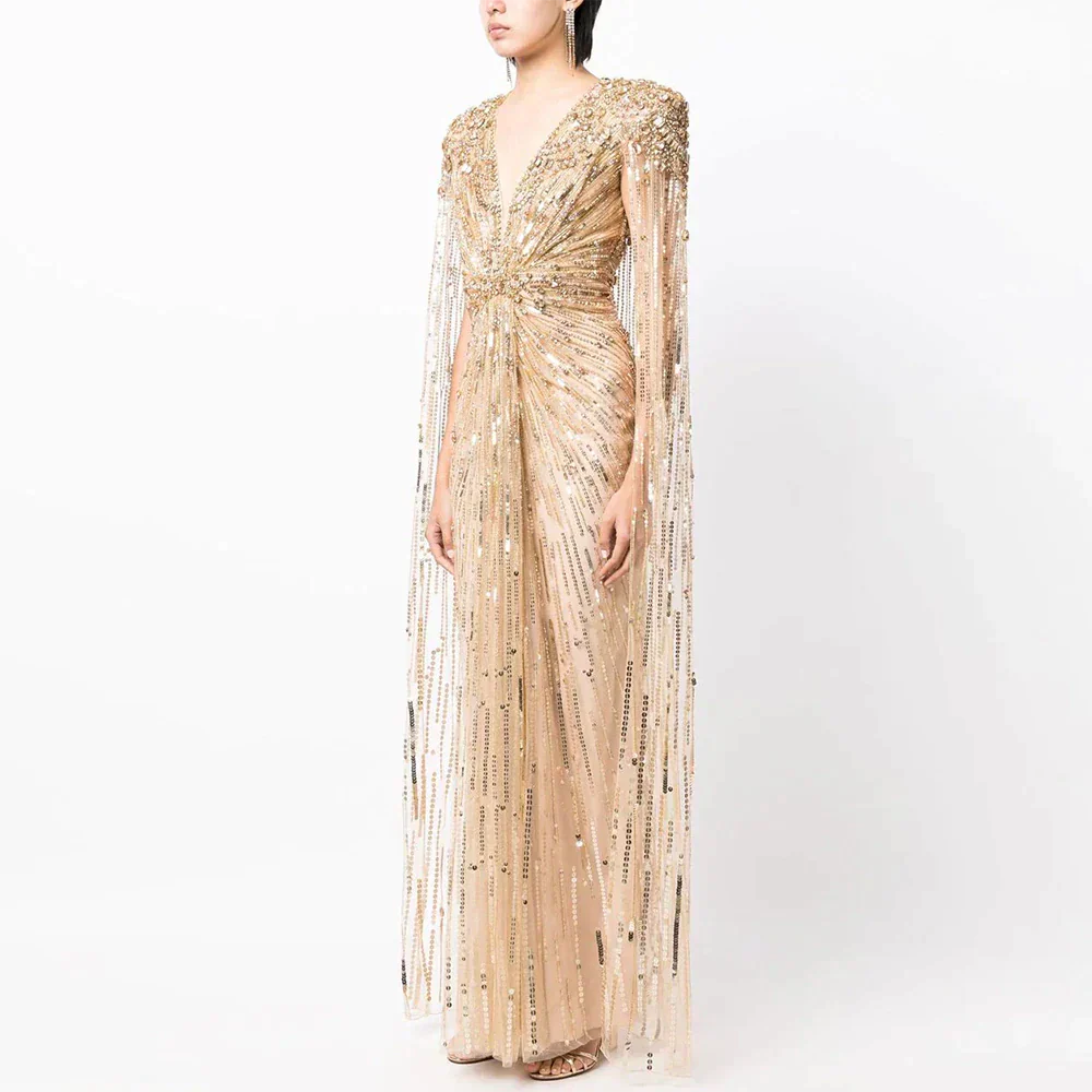 Luxury Crystal Sage Green V-Neck Evening Dresses with Cape SS399