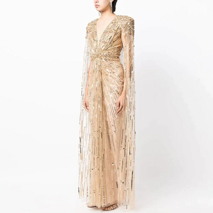 Luxury Dubai Green Evening Dresses with Cape Fuchsia Crystal Gold SS399