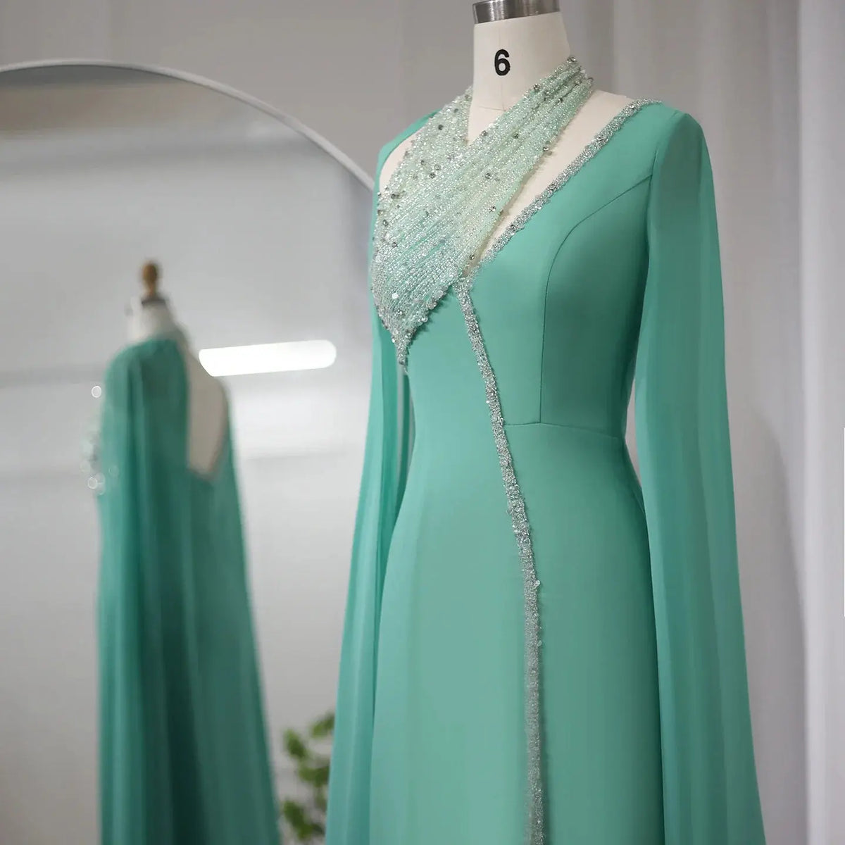 Luxury Green Halter Evening Dress with Cape Sleeves SS474