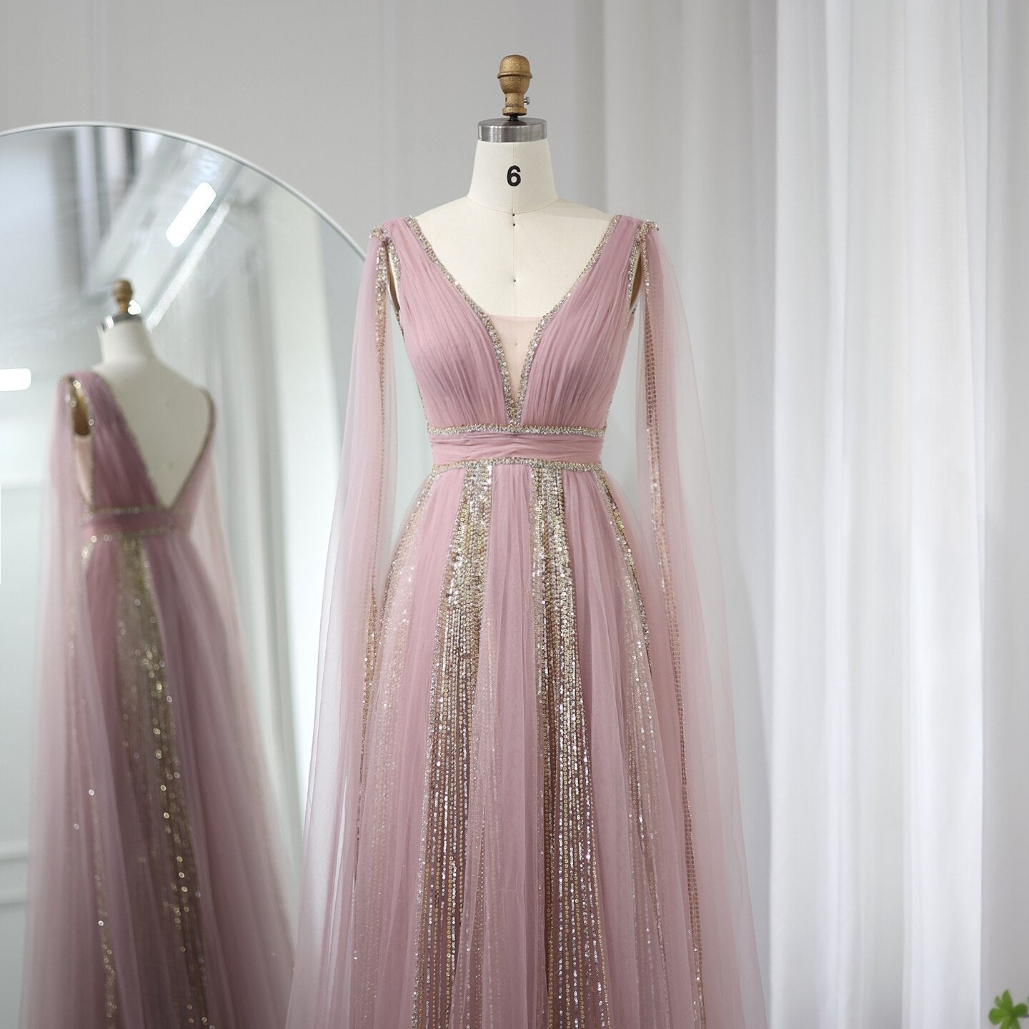 Luxury Sequined Pink Evening Dress with Cape Sleeves SS010