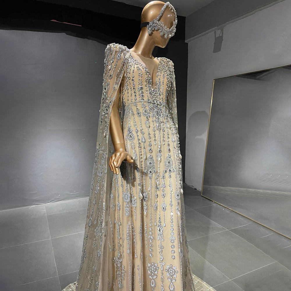 Luxurious Crystal Pearls Evening Dress with Cape Sleeves SS750