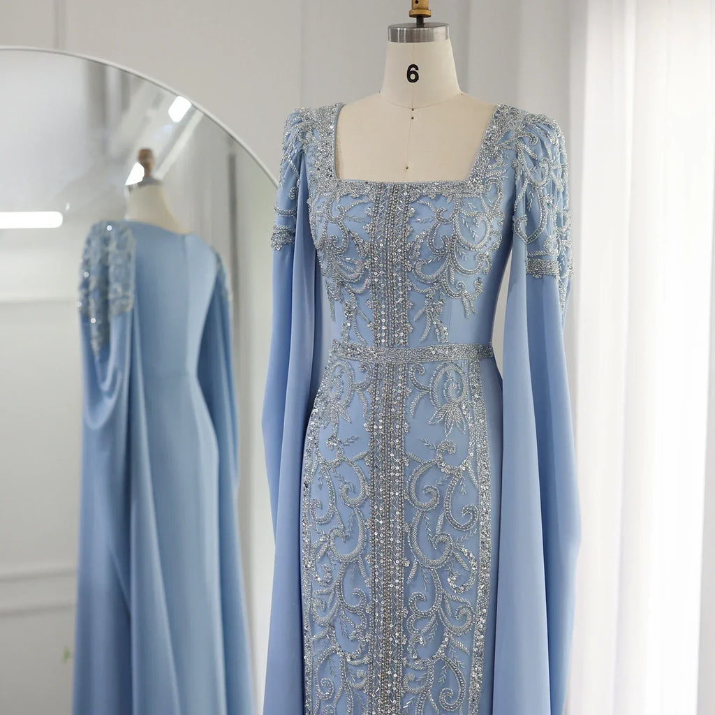 Luxury Blue Mermaid Evening Dress with Cape Sleeves SS365