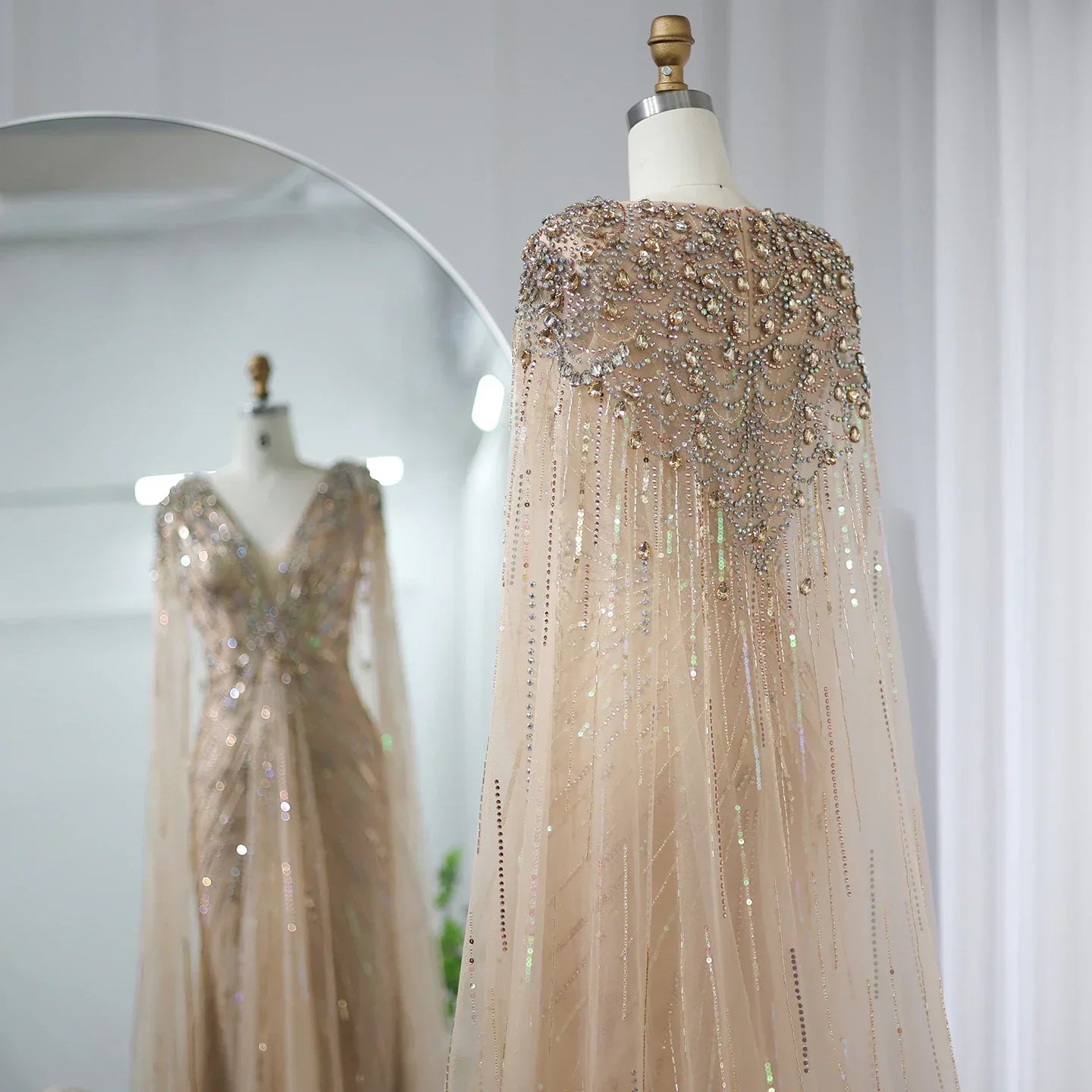 Luxury Crystal Sage Green V-Neck Evening Dresses with Cape SS399
